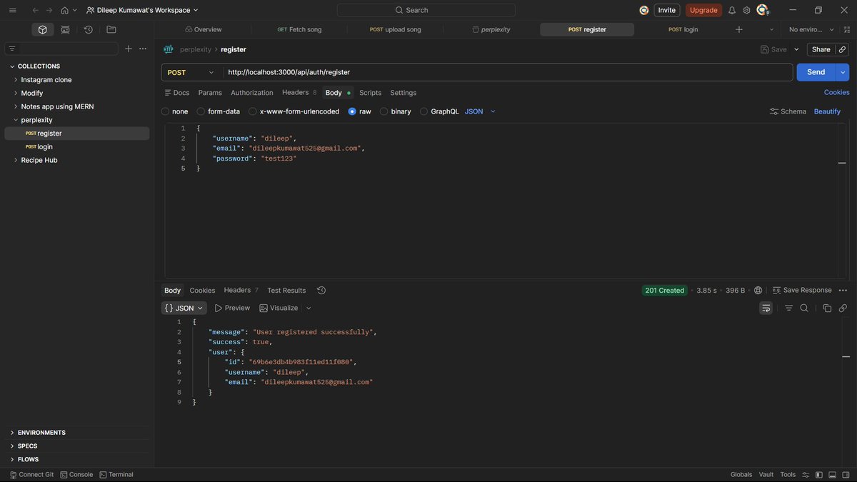dilsecode's tweet photo. Day 2 building my Perplexity AI clone 🚀

✅ Auth (Register/Login)
📧 Email verification
🧠 AI query API with LangChain
Next: https://t.co/B0IFrRV9PP for real-time responses.

GitHub: https://t.co/fXgoqAgBWu

#buildinpublic #AI #NodeJS https://t.co/xDjUa7q2l5