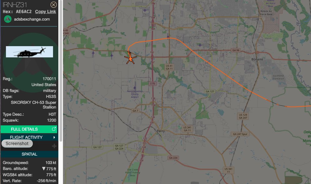 IRNHZ31 CH-53 landing at Perry airport for likely exercise at the Guardian Center #AvGeek #PerryGa
