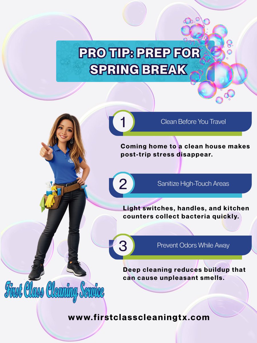 firstclassctx's tweet photo. Traveling for Spring Break? ✈️

Prepare your home before you leave and come back to freshness.
#SpringBreakReady #CleanHome #TexasLiving #LivingstonTX https://t.co/BS8Rwn8pbW