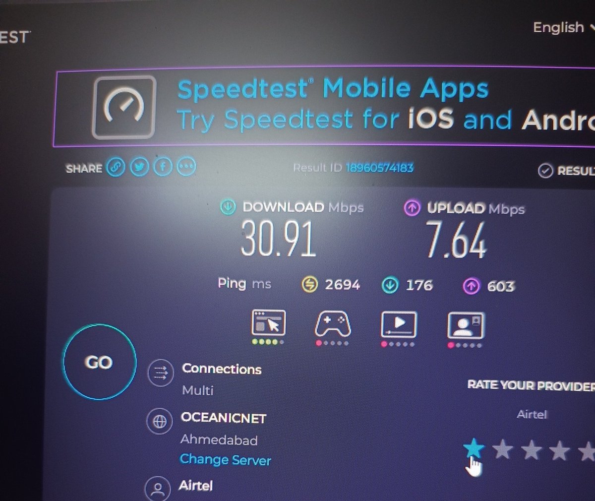 Astrantium's tweet photo. This is the state of Airtel's WiFi Service. I have complained multiple times but this persists. One of the most inconsistent networks I have ever used when it comes to WiFi. And this speed is after I have purchased the 100 Mbps plan. Insane Ping lol. This is Ookla SpeedTest btw. https://t.co/O47c0l2new