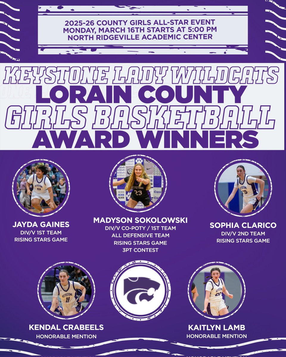 Come out tomorrow night (Mon, Mar 16th) &amp; support your Lady Wildcats one last time this season @ the Lorain County Girls Basketball All-Star Event.

5 Lady Wildcats will receive their County Awards:
Mady Sokolowski, Jayda Gaines, Sophia Clarico, Kendal Crabeels, &amp; Kait Lamb