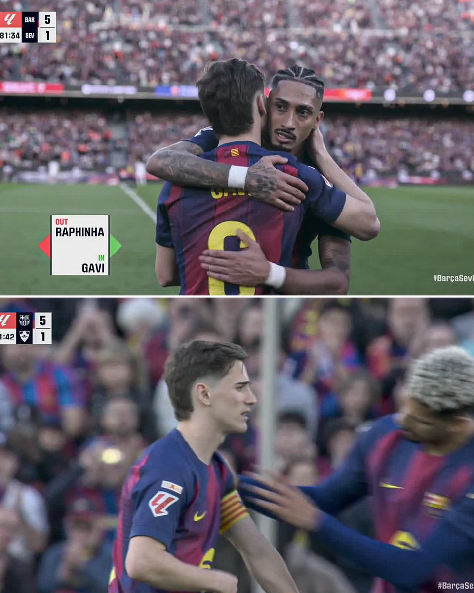 ESPNFC's tweet photo. Gavi returns to the pitch after a seven-month absence with a knee injury and is given the captain's armband 👏 https://t.co/YXGbkR6uXU