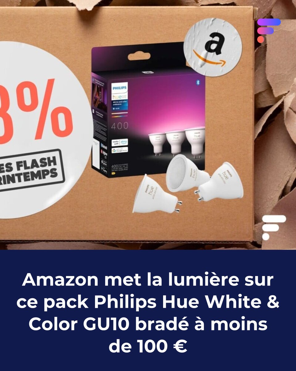 Frandroid's tweet photo. Que la lumière soit : les 3 ampoules connectées Philips Hue GU10 White & Color Ambiance passent à moins de 100 € pour les Ventes Flash de Printemps 🔥#bonplan #ventesflash
👉 https://t.co/t1QaIt01QG https://t.co/sfRLXmoJpn