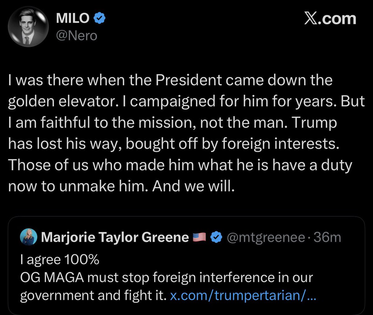 PSA: MILO is not American. Milo lived at Marjorie Taylor Greene's home. Milo is a POS who attacked Erika Kirk. He is not and never was MAGA.