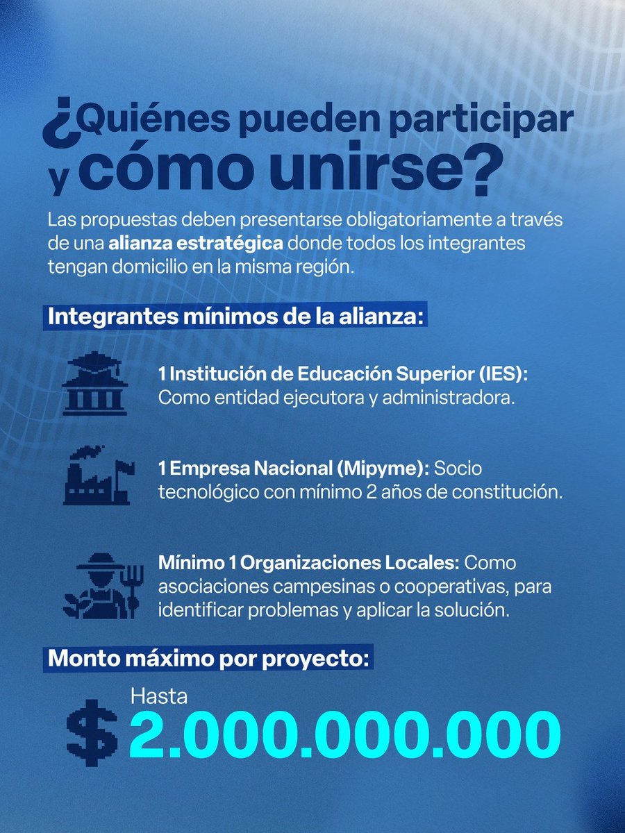 MincienciasCo's tweet photo. Buscamos proyectos en agroalimentación, salud, bioeconomía, energías renovables, educación y seguridad cuántica, que aporten al desarrollo de las regiones del país.

⏰ Postula tu propuesta hasta el 13 de abril de 2026 (4 p. m.) en la plataforma SIGP del Ministerio de Ciencia, Tecnología e Innovación.