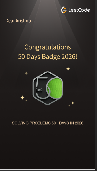 Krishna8157621's tweet image. Solved 50+ problems on LeetCode this year as a first-year student. 🚀
Small milestone, but a great start to my coding journey. Looking forward to learning more and solving many more problems ahead! 💻✨
#LeetCode #CodingJourney #FirstYear