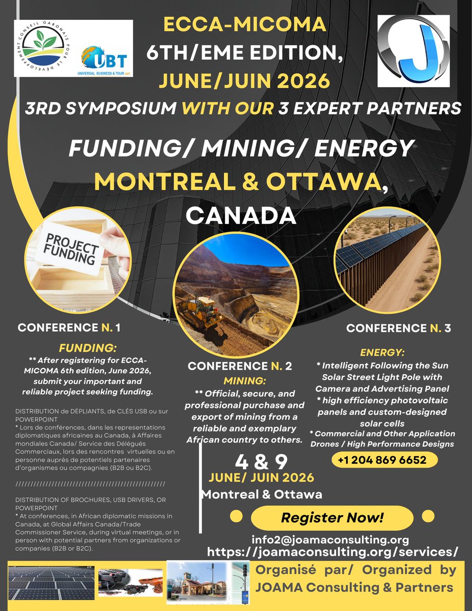 joamaconsulting's tweet photo. ** (EN FRANÇAIS)
JOUR J-2 mois &amp; 20 jours
@ECCA-@MICOMA,
6ème édition, juin 2026/ CANADA :
Montréal, Ottawa et/ou Winnipeg
PARTENARIAT
=> @UBT-Universal Business &amp; Tour officiel (@Cameroun)
&amp;
=> @CGC-Conseil Gabonais pour le développement (@Gabon)
Lire +:
https://t.co/PLHDo0prS0 https://t.co/1I2nNpJfAZ
