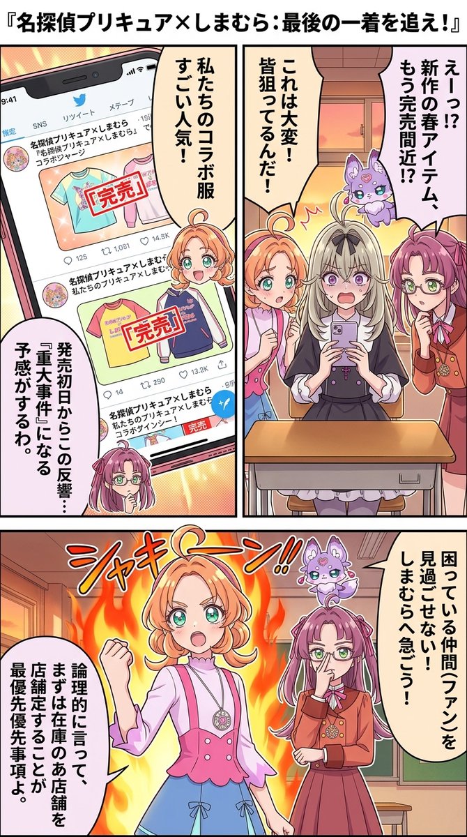 news2ch5's tweet photo. #生成漫画AI  
#名探偵プリキュア

しまむらでは2026年2月11日より「名探偵プリキュア！」とのアパレルコラボ商品を発売し、キッズ向けジャンパーやTシャツ、ジャージなどの春物アイテムが全国店舗で展開されています。発売初日からSNS上で購入報告が相次ぎ、特に描き下ろしデザインを使用したアイテム https://t.co/uoqXDb1G9b