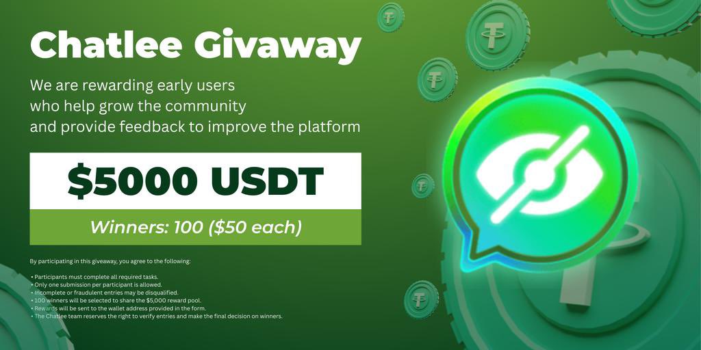Chatlee $5,000 USDT Giveaway

We’re rewarding our early users who help grow the community and provide feedback to improve the platform.

100 winners will share $5,000 USDT in rewards.

📜 Fill the Form: docs.google.com/forms/d/e/1FAI…

#chatlee