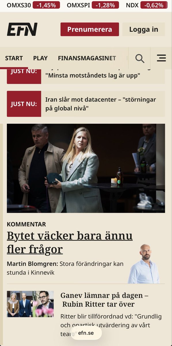 Full action på EFN Ekonomikanalen när Kinnevik byter vd på söndagseftermiddagen. Nu har vi publicerat en kommentar från <a href="/Blomgrenen/">Martin Blomgren</a> och snart publiceras en artikel med uttalanden från olika aktörer i aktiemarknaden, signerad <a href="/EkonomiGabriel/">Gabriel Mellqvist</a> . Efn.se