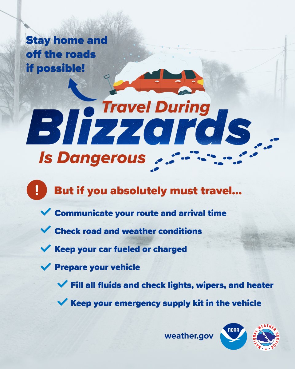 ⚠️ With blizzard warnings in effect  travel will be dangerous and not advised!

Your safest option ➡️ Stay home and off the roads.

If you MUST travel, be prepared: Tell someone your route, check conditions with 511wi.gov, and have an emergency kit with you.