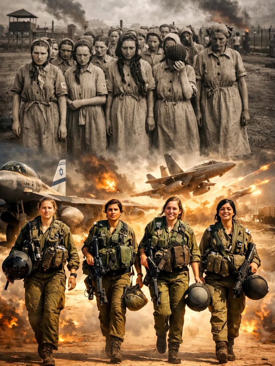 Adi13's tweet photo. THE ARC OF HISTORY IS BREATHTAKING 🔥 From the ashes of Auschwitz… to the skies over Tehran. Eighty years ago Jewish women were marched into gas chambers simply for existing. Today Jewish women climb into fighter jets. More than 20% of Israel’s combat force is now female - a nation where daughters stand shoulder to shoulder with sons defending freedom.