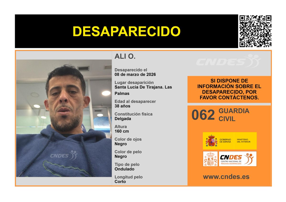 ⚠️🚹DESAPARECIDO🚹⚠️
Edad  38 años
🧐Última localización #SantaLuciadeTirajana #LasPalmas
Ayúdanos➡️comparte📲
Si crees haberlo visto📩 cndes-web.ses.mir.es/publico/Desapa…
☎️062 <a href="/guardiacivil/">Guardia Civil</a> 
<a href="/cndes_oficial/">CNDES</a> #adulto #desaparecido