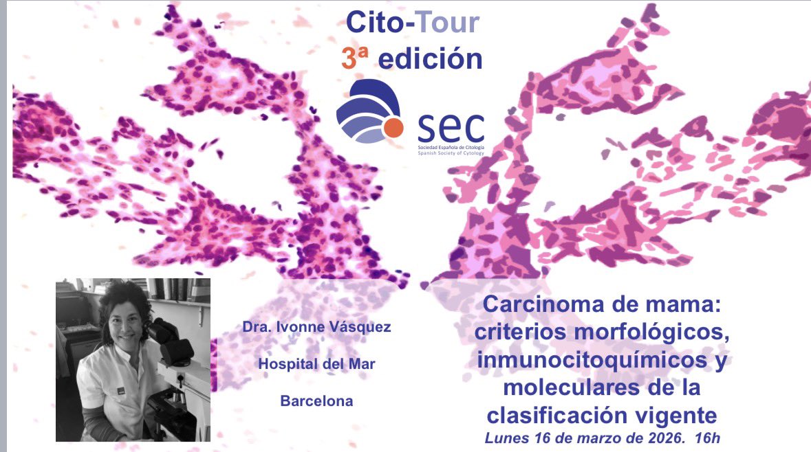 ⌛A menos de 24h de comenzar el #CitoTour2026!
✅ La Dra Ivonne Vázquez (<a href="/pivonne10/">Ivonne Vázquez MD PhD FIAC</a>) del Hospital del Mar nos hablará de Citología Mamaria
🗓️ Nos vemos mañana 16 de marzo a las 16:00.
🔗 Enlace para la inscripción: secitologia.org/cito-tour-2026/

#Cytology #CytoPath #PathX