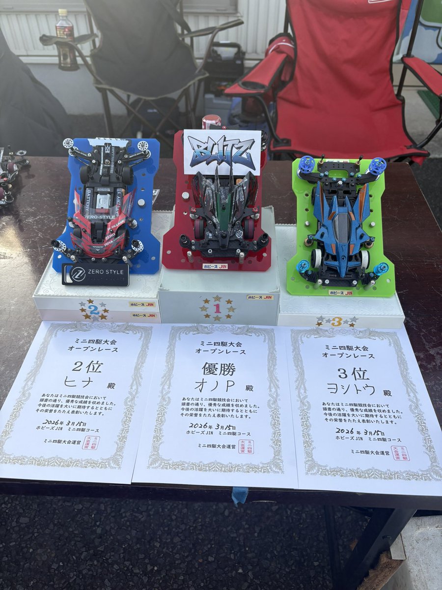 onop0907's tweet photo. 本日、ホビーズJINのミニ四駆レースで、運よく優勝させていただきました。
大会を準備・運営してくださった皆さま、本当にありがとうございました。
#ホビーズJIN
#ミニ四駆 https://t.co/YBWDBAuzwr