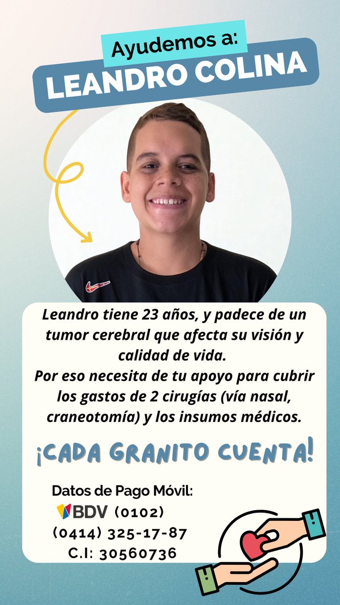 #ServicioPúblico <a href="/delcyrodriguezv/">Delcy Rodríguez</a>  Leandro tiene 23 años,tiene un tumor cerebral que afecta su visión. Necesita alquilar los siguientes equipos medicos:  Craneotomo, y eco doppler, y así poder realizar las 2 cirugías que necesita (vía nasal, craneotomía) <a href="/CapitanEscalon/">Capitán Escalona Juan</a>