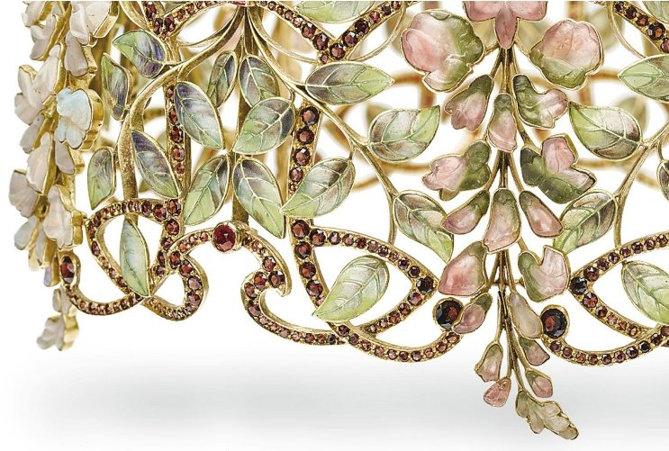 Ожерелье "Глициния" 1900г. Брюссель.
Потрясная работа бельгийского ювелира из семейного Дома Wolfers, Филиппа Вольферса, друга и соперника Рене Лалика.
Вставки - рубины, опалы, турмалины, оправа - золото.