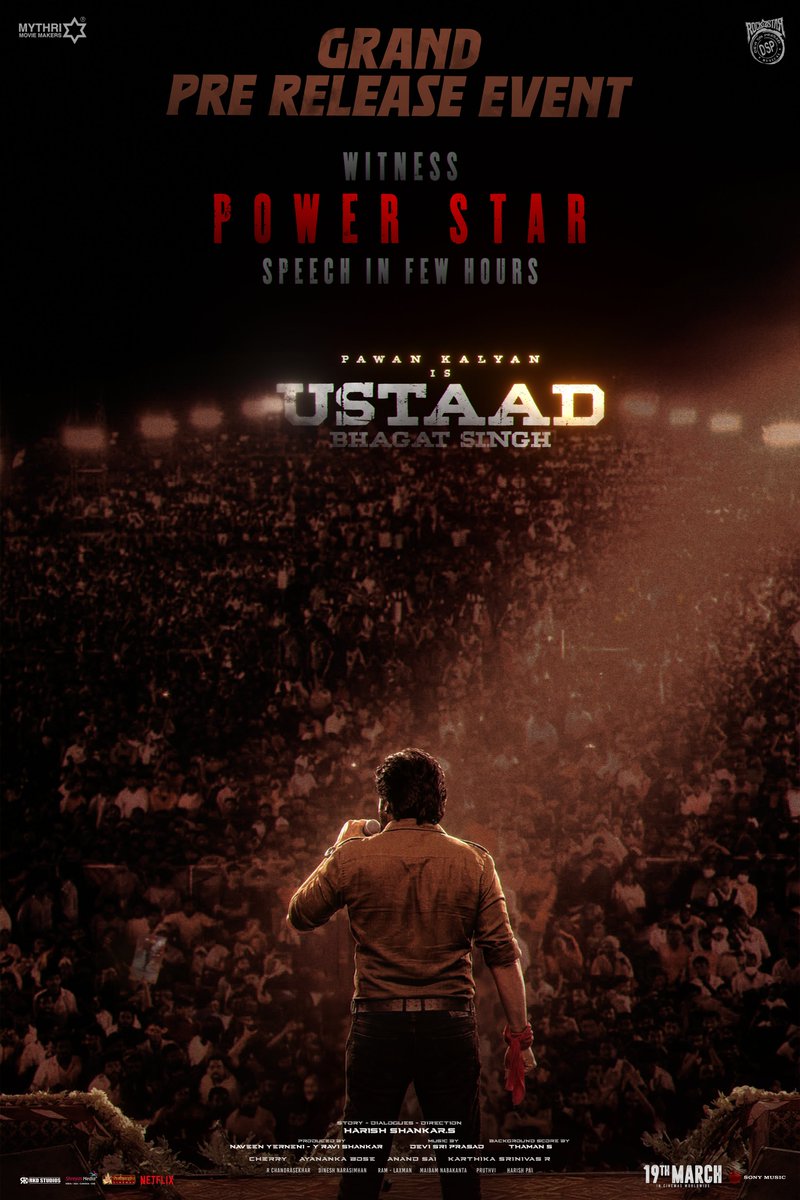 MythriOfficial's tweet photo. Powerstar's power-packed speech in a few hours 🤩🤩

#UstaadBhagatSingh Grand Pre-Release Event begins soon ❤‍🔥

Watch LIVE Here!
▶️https://t.co/cQYwuUrKFA

GRAND RELEASE WORLDWIDE this Ugadi - 19th MARCH, 2026.

#UBSOnMarch19th https://t.co/8SEfkugJL6