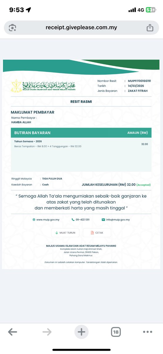NinieyAzfiff's tweet photo. Alhamdulillah zakat pertama dari suami 🥰🤲🏻 selama 28 tahun babah bayarkan. https://t.co/6q3DkAxU71