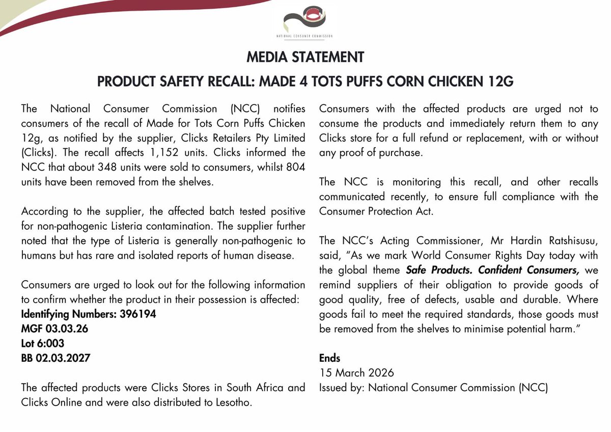 TheNCC_RSA's tweet photo. The NCC has announced the recall of Made 4 Tots Puffs Corn Chicken 12g following contamination concerns. Consumers should stop using the product and return it to Clicks Retailers for a full refund.
@the_dtic @PhethoN https://t.co/3BsHevAorq