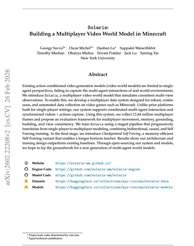 che_shr_cat's tweet photo. 1/
Current video world models are solipsistic. If you chop down a tree, a second player looking at you won't see it fall. A new paper finally fixes this perspective drift, building a shared reality for multiple agents simultaneously. 🧵 https://t.co/RZ4o5bE8d5
