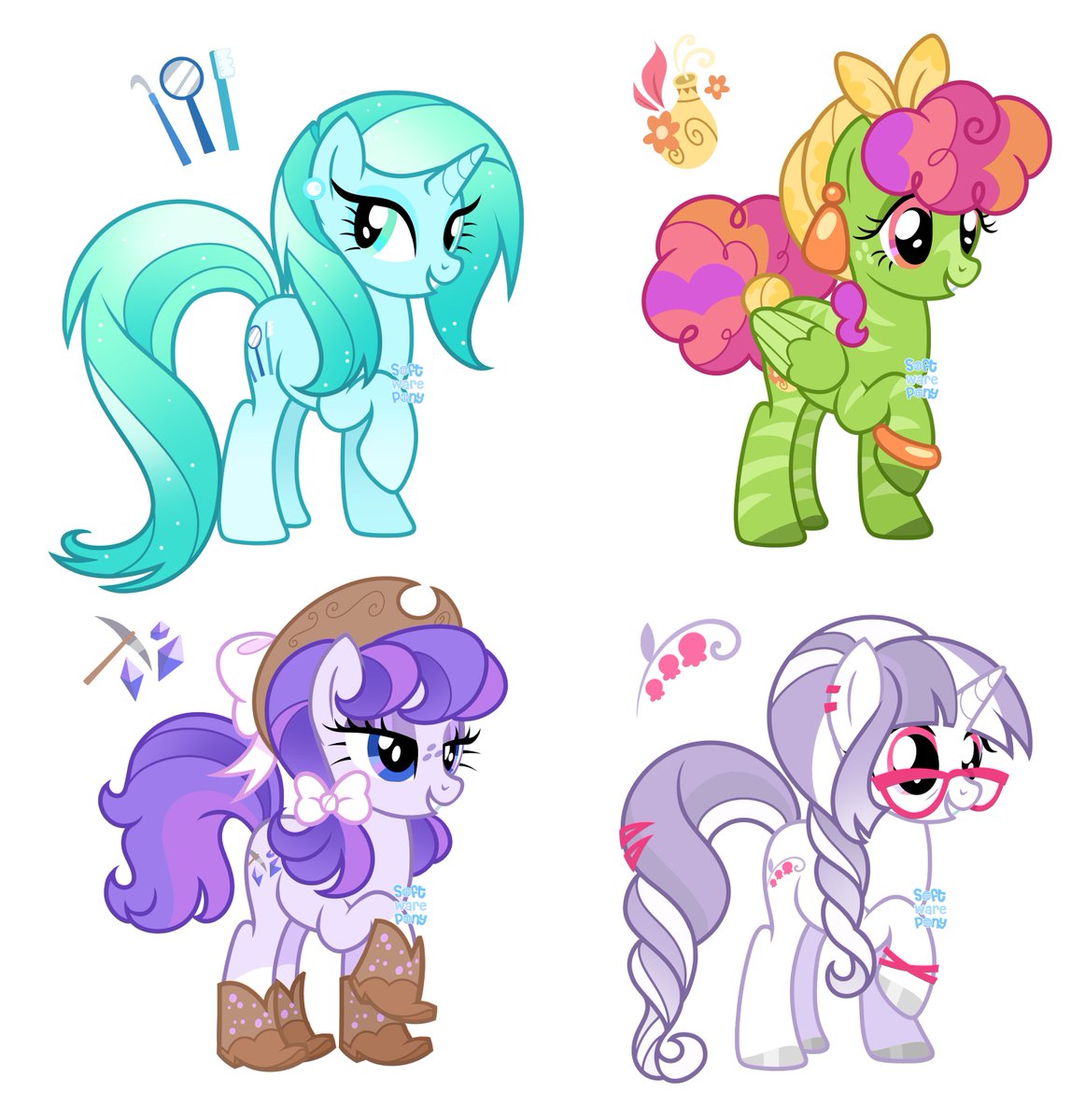 mlp G4 adopts, batch 3 !! #mlp   
Pearly Whites - Dentist
Gorof Elixir - Medical Herbalist  
Southern Belle - Miner  
Lily Valley -  Nature Journalist 
🌈£14 each, get them here! ko-fi.com/softwarepony/s…