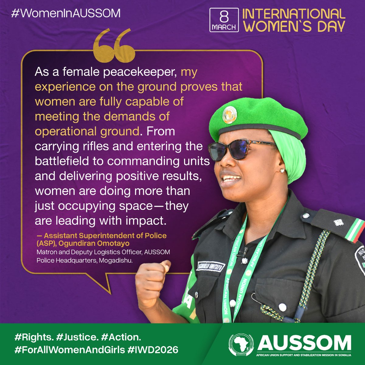 aussom_'s tweet image. Women aren’t just present in peace support operations; they’re driving results.

ASP Ogundiran Omotayo’s service demonstrates how accountable and representative leadership strengthens mission performance.

#Rights. #Justice. #Action. #ForALLWomenAndGirls
#WomenInAUSSOM #IWD2026