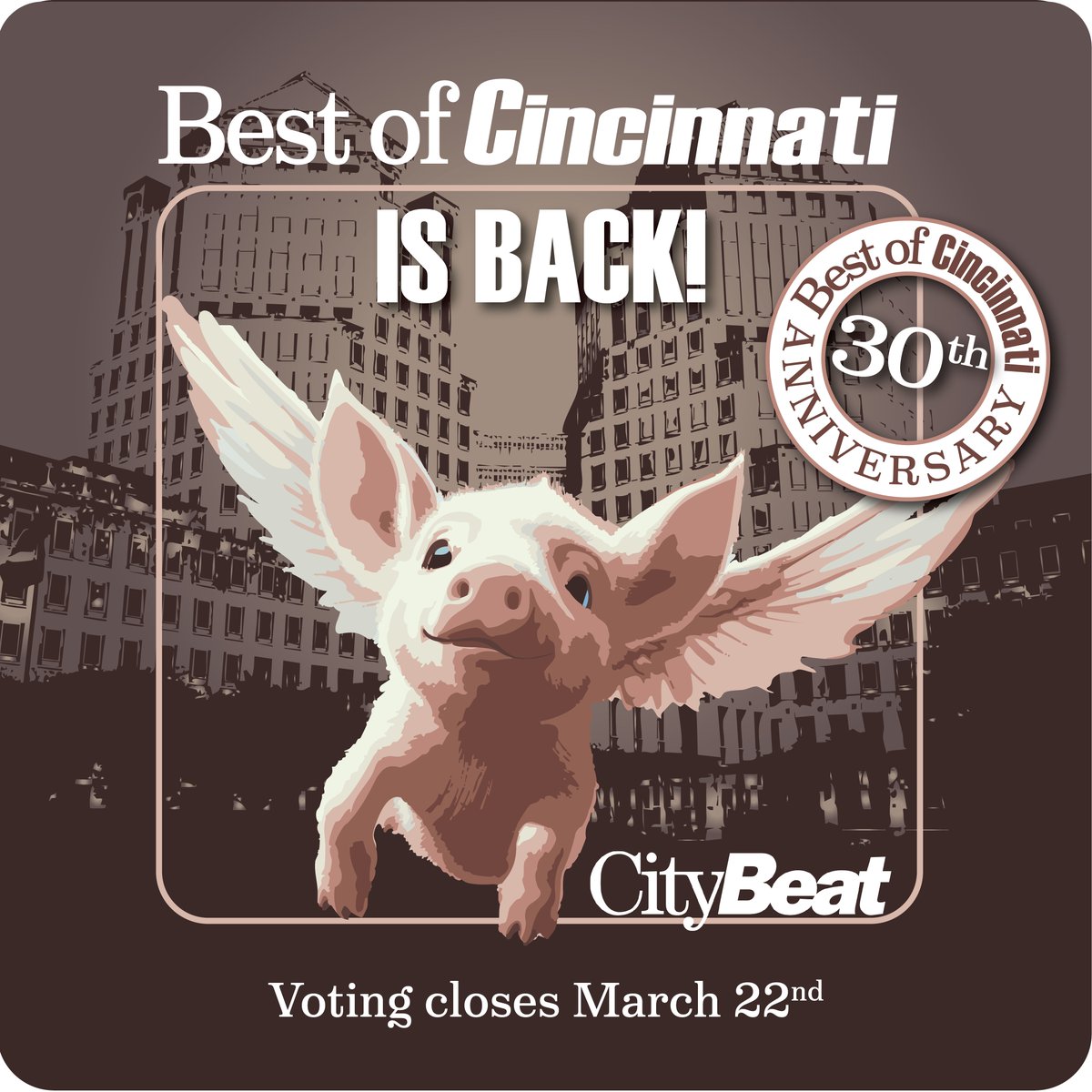 CityBeatCincy's tweet photo. One week left to vote for the 30th Annual Best of Cincinnati!

Cast your vote here: https://t.co/bzhQVnAON3 🔗 https://t.co/se2cHE3Xrb