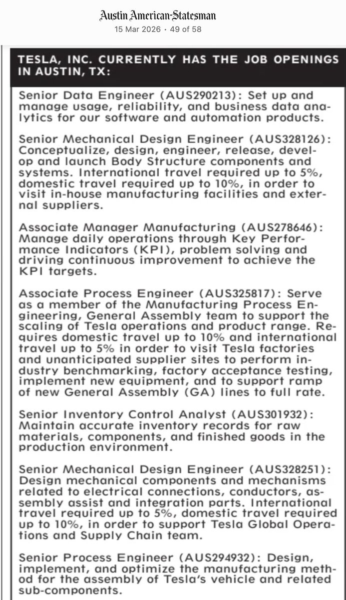 All2getherNow's tweet photo. A new batch of likely PERM market tests from Tesla in Austin.  You'll notice that you will need to apply to apply@tesla.com rather than on Tesla's own careers site.  This is a PERM red flag. https://t.co/Acl8naR63p