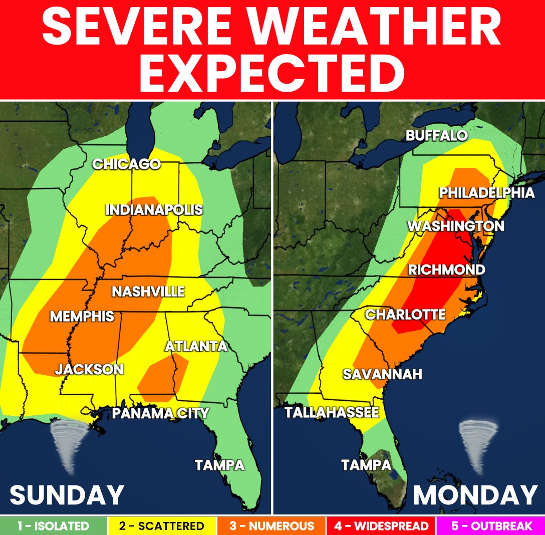 MattDevittWX's tweet image. HEADS UP! ⛈️ A #severe weather outbreak is expected today and into Monday across the  eastern half of the country. Tornadoes, some strong, are possible with  also damaging wind and hail in hardest hit areas. Over 12 million people  are under a Moderate Risk (Red - Level 4 out of