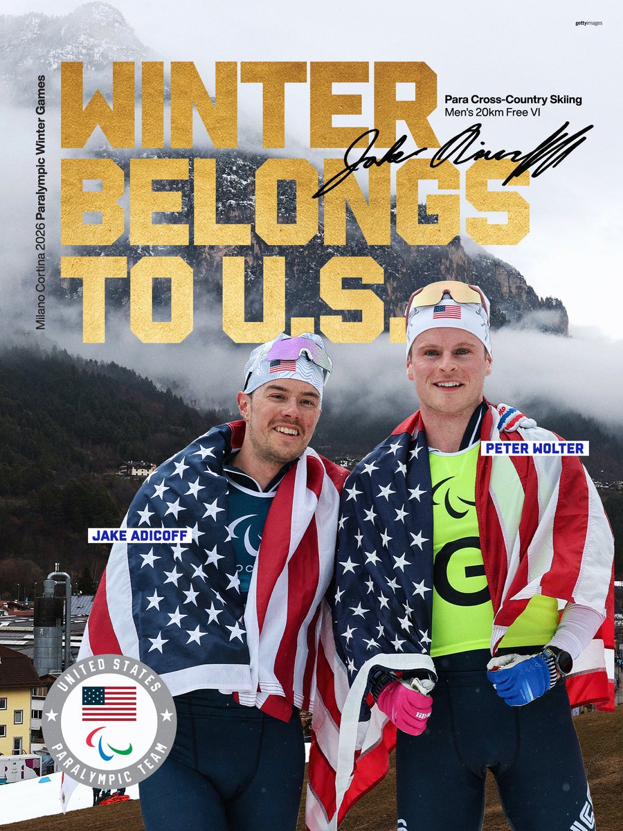 TeamUSA's tweet photo. Sweep complete. 🥇🥇🥇🥇

Jake Adicoff wins gold with guide Peter Wolter to close out a four-for-four run in Para cross-country at the #WinterParalympics. https://t.co/jwkFdTw6iG