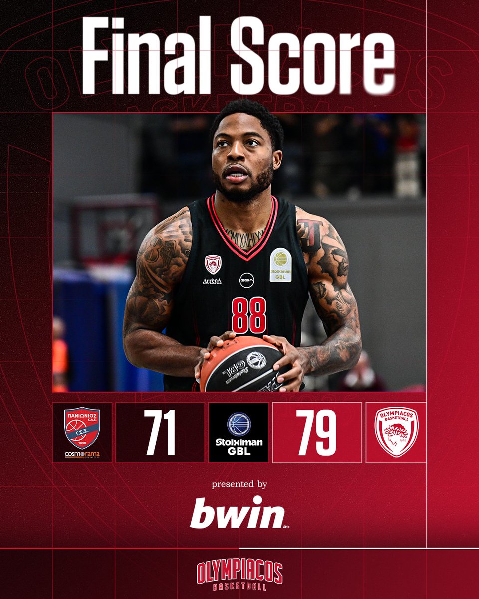 Olympiacos_BC's tweet photo. ΤΕΛΙΚΟ 🏀 Πανιώνιος - #OlympiacosBC 71-79 #WeAreOlympiacos #TogetherWeFight #PANOLY https://t.co/d9qZpVb5qH