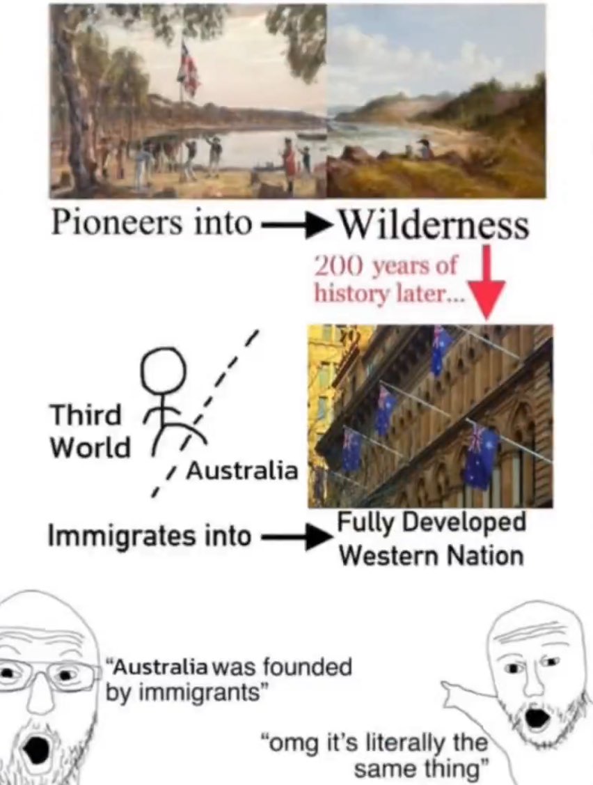 RestoreAussies's tweet photo. Absolutely well put 👏 

We are a nation of settlers, who built a first world nation from a standing start, under the British Empire. 

We aren’t a “nation of immigrants” - that is a narrative employed by migrants and subversives to dispossess us of our nation and history. Migrants turning up when the job is done, isn’t the same as the British islanders who built the country from scratch.

We must resist the attempts to label us a “melting pot” or an “immigrant nation” 🇦🇺