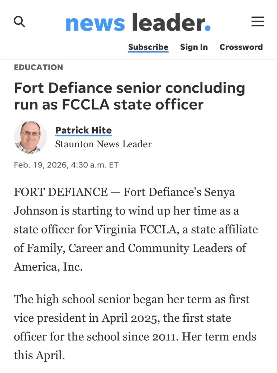 virginiafccla's tweet photo. This Senior Sunday, we are recognizing one of our #VAFCCLA state officers from Fort Defiance High School who was featured in her local newspaper last month. We appreciate you promoting #FamilyAndConsumerSciences and #FCCLA!
#FCCLAfamily #CTSO #CareerTechEd #FCS
@NationalFCCLA https://t.co/IPl3jUpsHz