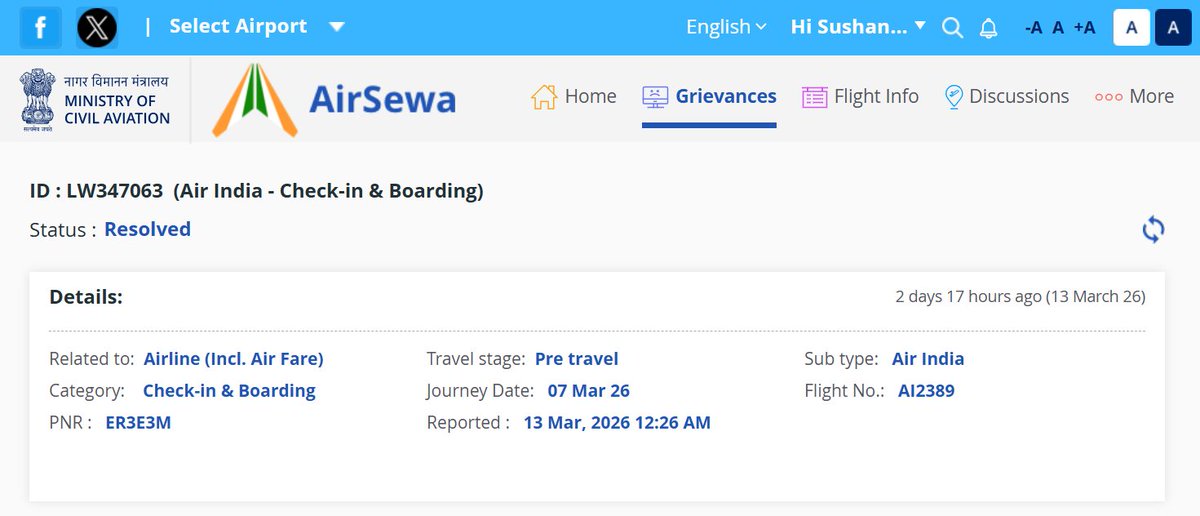 SushantSamnotra's tweet photo. @MoCA_GoI @RamMNK @AirSewa: Shocking fraud by @airindia. They permanently closed my grievance LW347063 without paying the ₹10k statutory compensation they promised 6 days ago! 
#AviationScam #AirIndia #ConsumerRights https://t.co/WX0Eb8bgfo