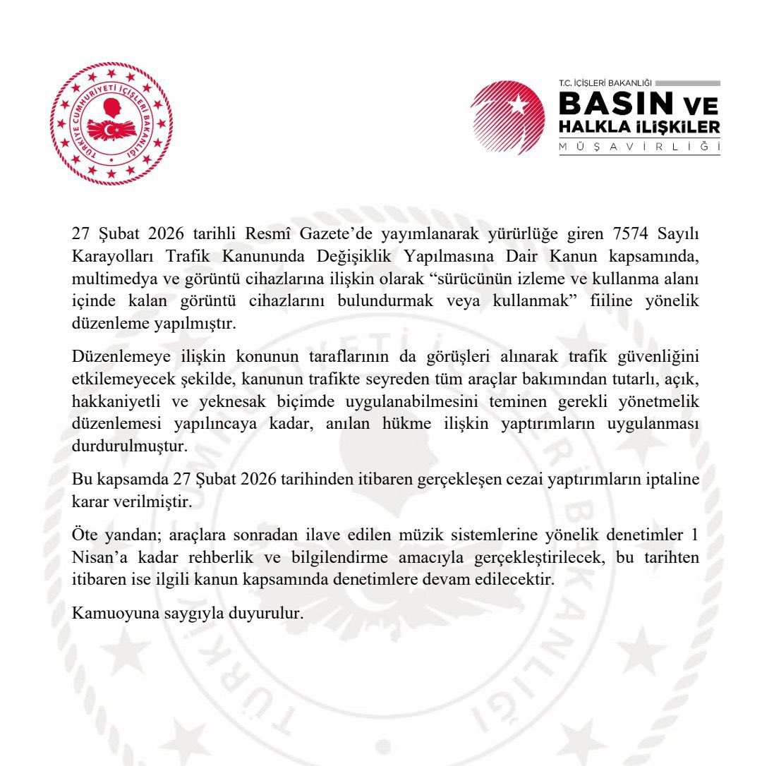 nowhaber's tweet photo. İçişleri Bakanlığı, araçlarda #multimedya ekran kullanımına ilişkin yaptırımların yönetmelik düzenlemesi yapılıncaya kadar durdurulduğunu bildirdi.
▪️27 Şubat’tan itibaren uygulanan cezalar iptal edildi.
▪️1 Nisan'dan itibaren denetimlere devam edilecek. https://t.co/PQdtj5TKtG
