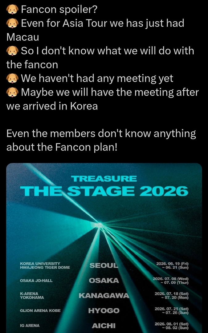 -star Gila sih… bahkan member TREASURE sendiri gak tau mereka bakal ada fancon 😭 Kirain jadwalgini itu hasil kesepakatan bareng member, ternyata enggakk.

 sender sampe bosen, TS  jadwal Jepang mulu. Sampai ada yang bilang TREASURE ini grup Jpop atau Kpop sih? 😭