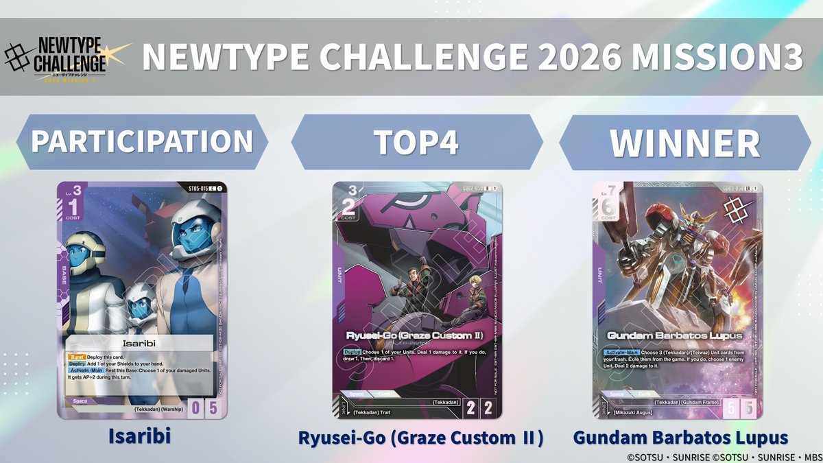 GUNDAM_GCG_ENG's tweet photo. [Notice]
Check out the prizes for Newtype Challenge 2026 Mission 3.
Newtype Challenge 2026 Mission 3 will be held at participating BANDAI TCG+ stores!

▽Participation Prize
・ST15-015 Isaribi
▽Top 4 Prize
・GD02-058 Ryusei-Go (Graze Custom II)
▽Winner
・GD03-050 Gundam Barbatos Lupus

#GCG
#GundamCardGame