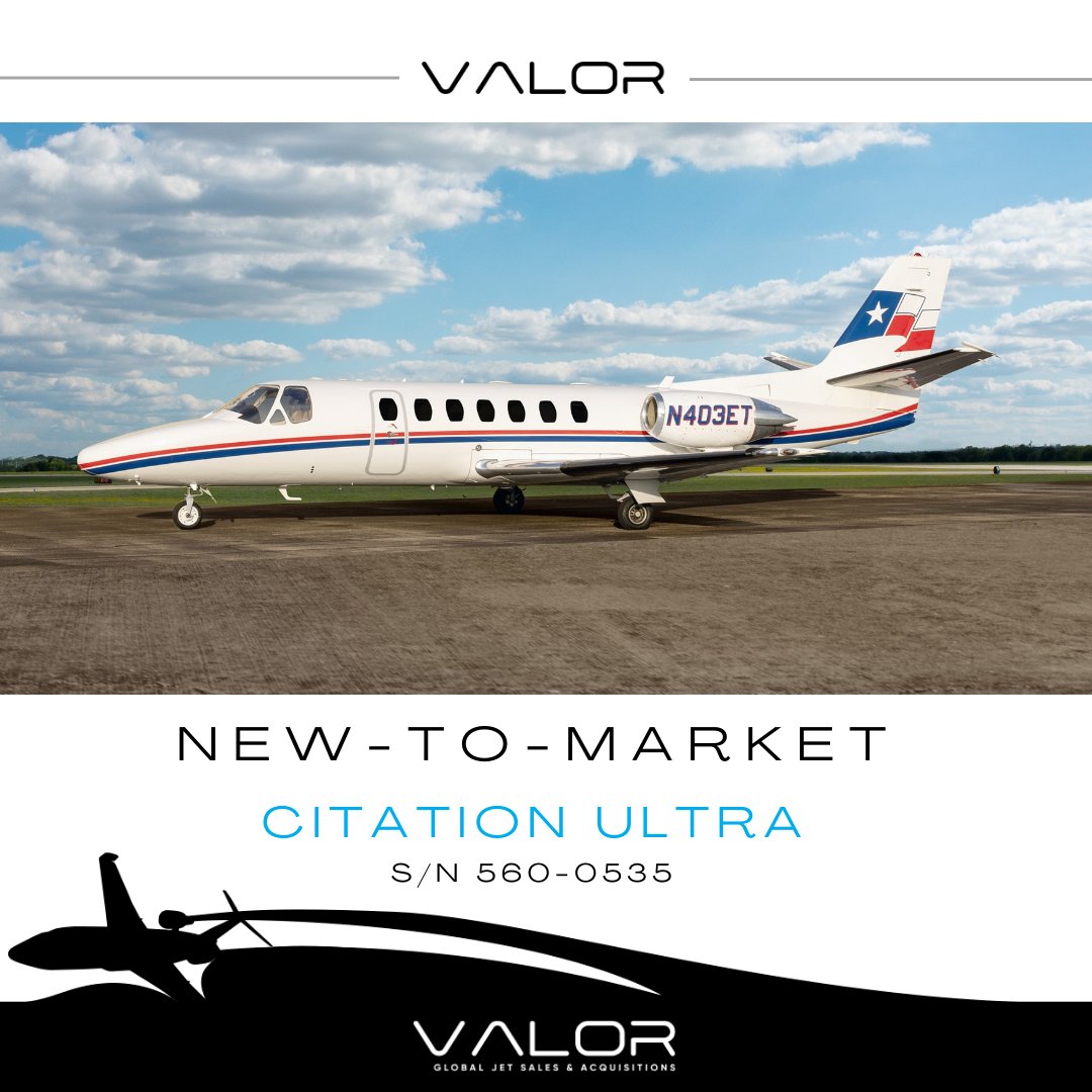 ValorJets's tweet image. Citation Ultra – S/N 560-0535

Low Total Time 1999 Citation Ultra now available through Valor Jets.

Contact Valor Jets for additional details or to schedule a private viewing.

#ListedSold #ValorJets #CitationUltra #BusinessAviation #AircraftForSale #PrivateJet