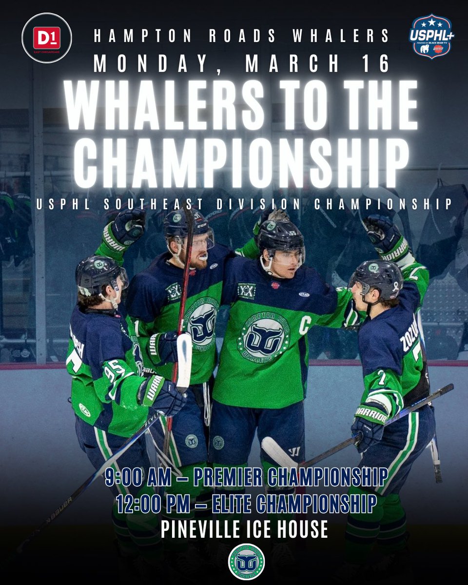 HRWhalersHockey's tweet photo. CHAMPIONSHIP BOUND 🏆🐋
Both Whalers teams are heading to the USPHL Southeast Division Championship at Pineville Ice House!
📅 Monday, March 16
9:00 AM — Premier Championship Whalers vs Potomac or Rush Opponent will be decided in today’s game.
12:00 PM — Elite Championship https://t.co/4V2WPPBotm