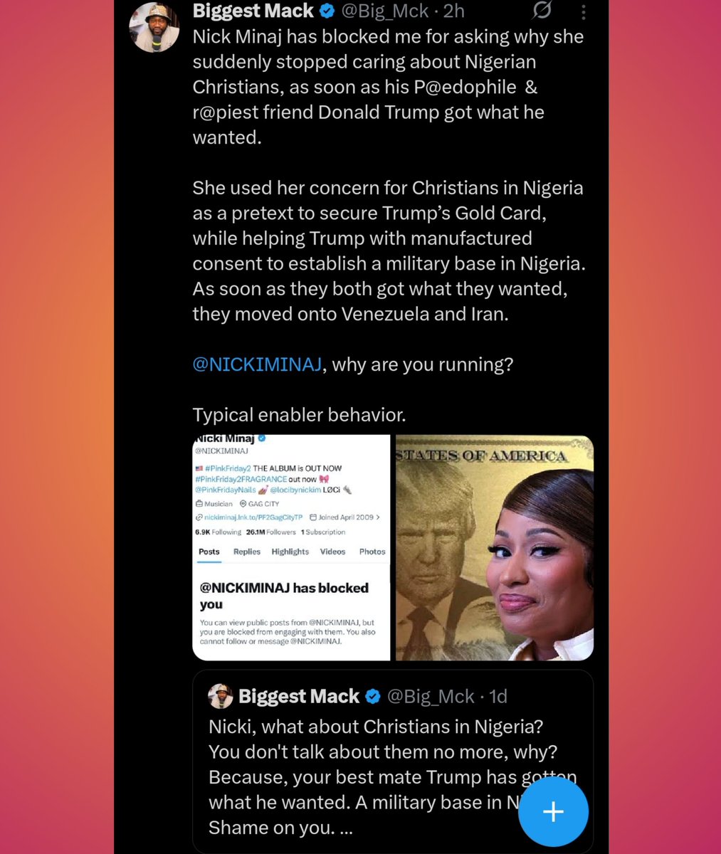 Nicki Minaj is now blocking Nigerians calling her out for using their country to achieve her MAGA ambition — all in the name of "fighting for Christians."

She described the move as "MAGA FLEX. How are you blocking people from the country you are fighting for?