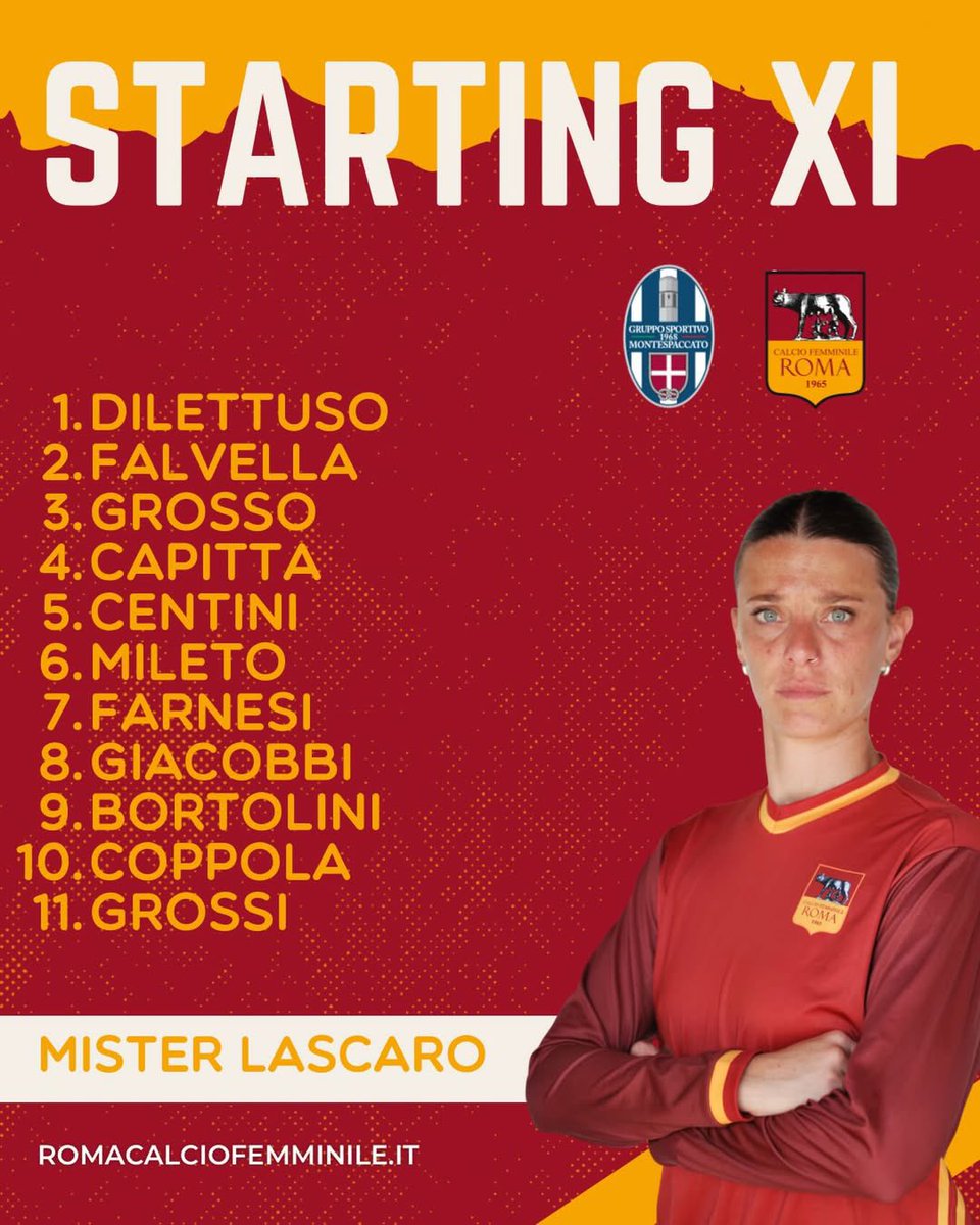 ROMAcfem's tweet photo. Questo è il nostro XI iniziale ⬇️
Si scende in campo 🔥
￼Forza Roma Calcio Femminile 🟨🟥
￼
#RomaCalcioFemminile #StartingXI #MatchDay https://t.co/rgL8aHIjAv