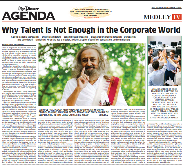 ArtofLivingABC's tweet photo. Why Just Talent Is Not Enough in the Corporate World? 

Today, we see that attention span and patience have considerably shrunk. Unless you take care of their mental wellness, no matter how talented a person you hire, you end up seeing that they are not doing what they are supposed to do, or at least as well as they are supposed to do. This is something organisations across the world are beginning to realise.

@Gurudev Sri Sri Ravi Shankar shares insights on @TheDailyPioneer about how just talent is not enough, but one must lead by example, too. | 

Read more: https://t.co/YUKfun0hgJ