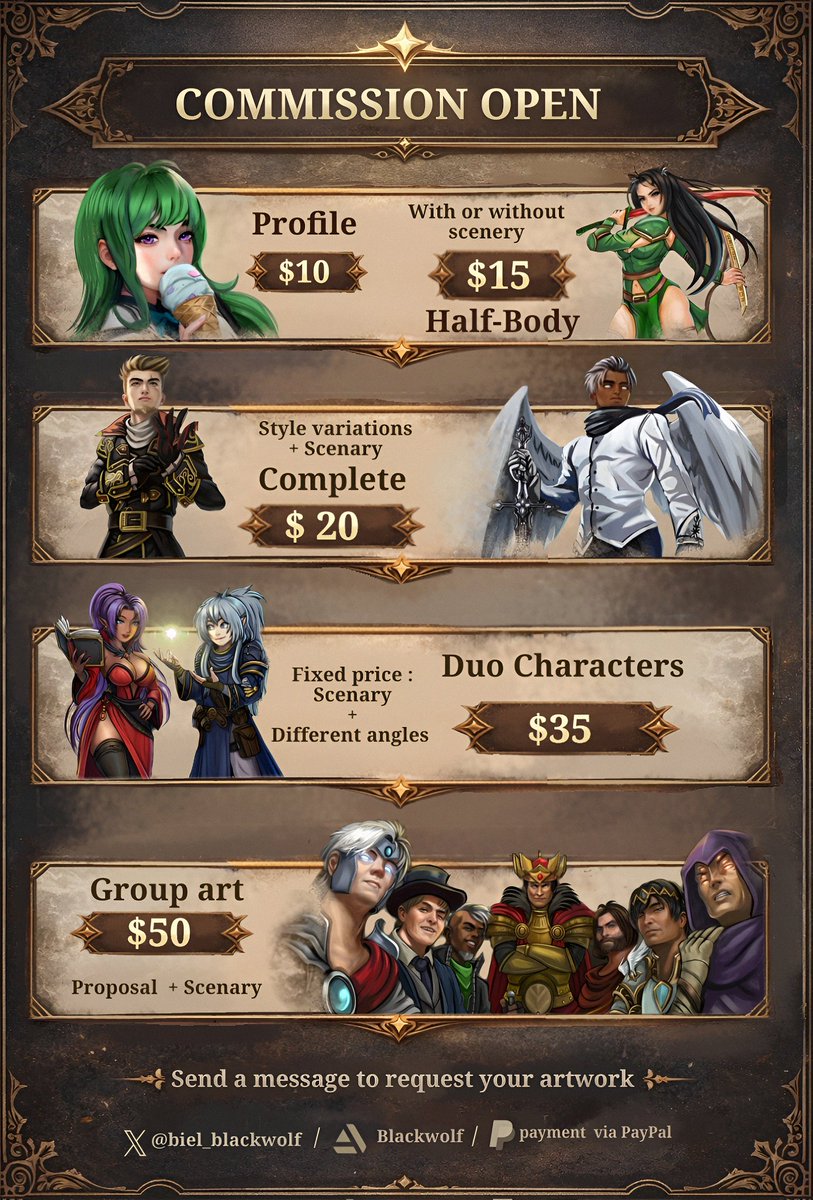 Biel_BlackWolf's tweet photo. Hey guys I am reopening the committees due to some urgent matters. Take a look at the price list to place your order.
#commissionwork #art https://t.co/YDlrv4Lvk6