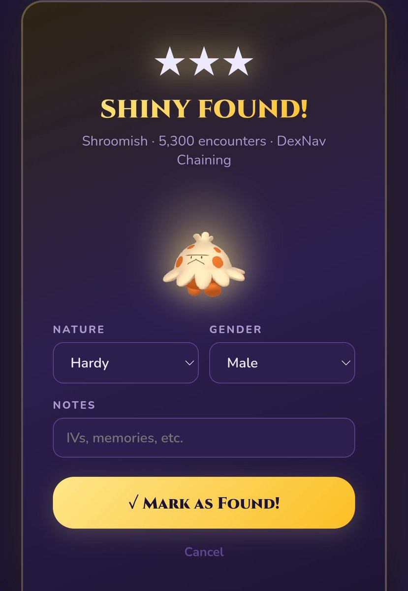 rotomosapp's tweet photo. The best screen any shiny hunter can see!

When a shiny finally appears, RotomOS logs the moment with:

✨ the Pokémon
✨ encounter count
✨ hunt method
✨ optional notes like nature or memories

What's the most phases you've hit in a shiny hunt? 

#pokemoncommunity #pokemon https://t.co/kktIGekKU7