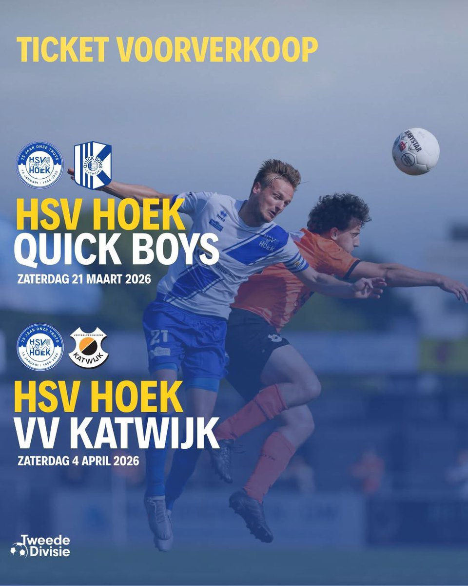 HSV_Hoek's tweet photo. 🔵⚪ EXTRA VOORVERKOOP HSV Hoek 🆚 Quick Boys

De topper tussen Hoek en de nummer 2 leeft enorm! 🔥

🎟️ Tickets t/m vrijdag bij Tweewieler De Boer.

⚠️ Zaterdag géén verkoop, kassa’s blijven dicht.

Clubkaarten geldig. Tribune vooraf kopen.

Uitvak Quick Boys via club (buscombi) https://t.co/xV3tqgB6Tc