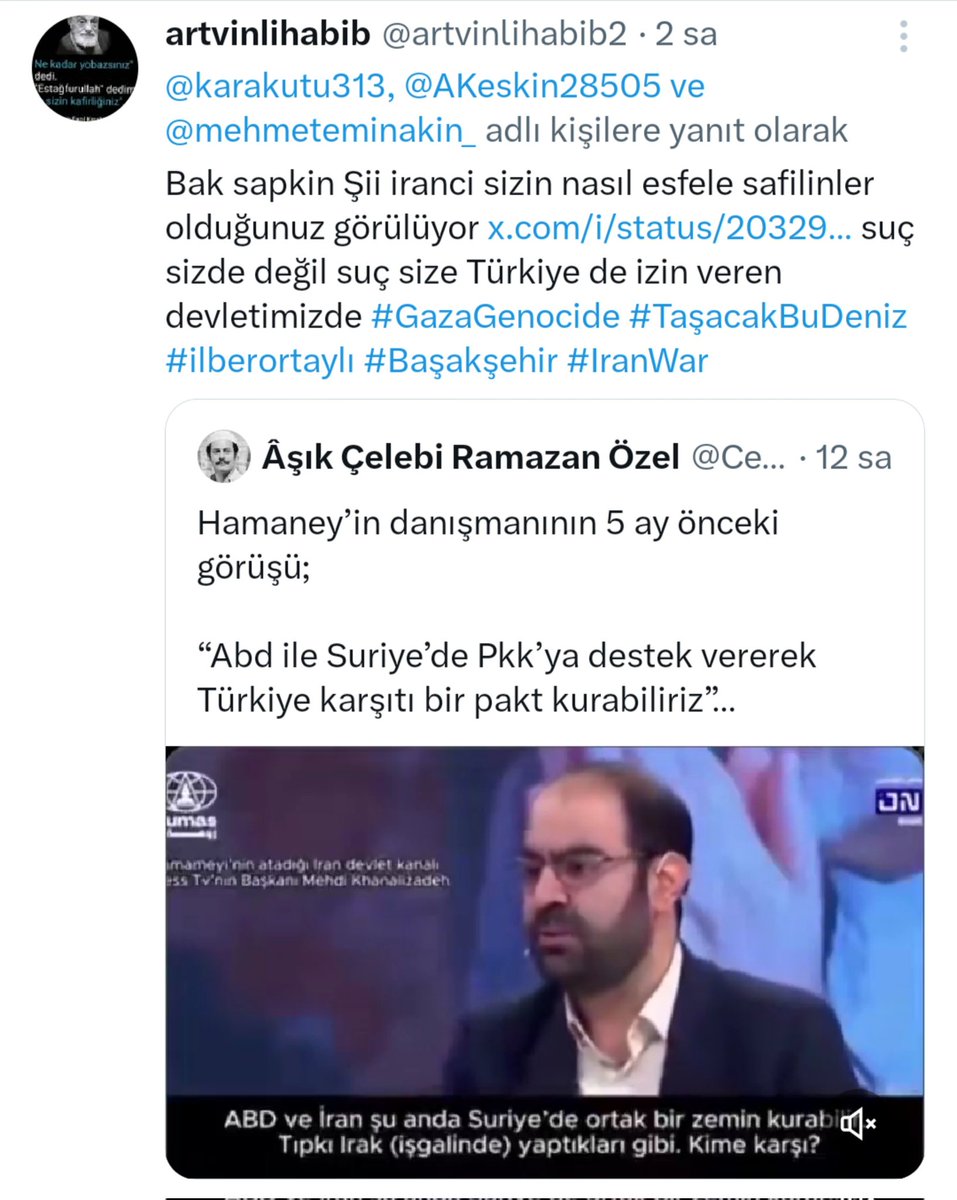 Videonun tamamını paylaşsana. Video kırpıp paylaşmak sizin adetiniz. Diyelim ki gerçekten bu adam böyle dedi, bu adam iran İslam İnkılabı yetkilisi filan değildir CAHİL ahlaksız <a href="/artvinlihabib2/">artvinlihabib</a>