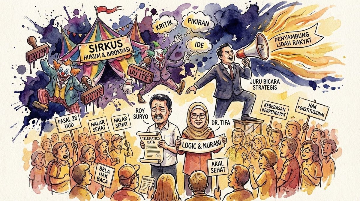 ethadisaputra's tweet photo. Setelah berbuka tadi saya sampai kepada pertanyaan kesimpulan: Mengapa Roy Suryo dan dr. Tifa Tak Boleh Dibiarkan Berduaan?

Saat ini, kita seolah sedang dipaksa menonton pertunjukan sirkus hukum yang aneh: Dimana negara yang seharusnya mengayomi, justru terlihat sibuk memburu pikiran dan kata-kata. Maka Kasus yang menimpa Roy Suryo dan dr. Tifa bukan sekadar urusan pribadi mereka, melainkan ujian bagi keberanian kita untuk bicara jujur.

1. Kritik Bukan Kejahatan, Tapi Kewajiban
Konstitusi kita (UUD 1945 Pasal 28) dengan tegas menjamin hak setiap orang untuk berpendapat. Apa yang dilakukan Roy Suryo dengan analisis teknisnya atau dr. Tifa dengan pengamatannya adalah bentuk tanggung jawab sebagai kaum terpelajar.

Intinya: Jika pakar telematika dilarang bicara data, dan dokter dilarang bicara logika, maka siapa lagi yang bisa kita percaya? Membela mereka berarti membela hak kita semua untuk tidak dibungkam oleh "pasal karet" UU ITE.

2. Waspada Permainan di Balik Layar
Kita melihat fenomena "pindah haluan" tokoh-tokoh tertentu—seperti dalam Efek Rismon—yang sering kali mengaburkan fakta sebenarnya. Di tengah ketidakpastian ini, kita butuh barisan pembela yang lurus dan tidak bisa disuap. Kita tidak ingin kebenaran hari ini mendadak "dijual" esok hari hanya demi mengamankan posisi para penguasa atau kepentingan politik tertentu (seperti isu Fufufafa yang terus bergulir).

3. Mengapa Kita Butuh "Penyambung Lidah" yang Cerdas?
Melawan kekuatan besar tidak bisa hanya dengan teriakan, tapi harus dengan strategi. Tim pembela mereka butuh juru bicara yang jago menjelaskan hukum yang rumit menjadi bahasa pasar agar rakyat paham bahwa:

Melawan Pembohongan Publik: Agar rakyat tidak mudah dikelabui oleh janji manis birokrasi yang kenyataannya pahit.

Menjaga Fakta Tetap Lurus: Data teknis yang rumit harus dijelaskan secara sederhana supaya semua orang tahu mana yang benar dan mana yang direkayasa (legal engineering).

Benteng Harga Diri: Menjadi suara yang berwibawa agar perjuangan ini tidak bisa "dibeli" atau dinegosiasikan di bawah meja oleh para makelar jabatan.

Kesimpulannya:Kita tidak boleh membiarkan nalar sehat diburu dan martabat bangsa digadaikan. Pembelaan kolektif dari para ahli hukum yang berintegritas adalah benteng terakhir kita. Jika suara-suara kritis ini hilang, maka yang tersisa hanyalah kepatuhan buta pada penguasa yang kehilangan hati nurani.
Mari kita kawal bersama agar hukum tidak hanya tajam ke pengkritik, tapi tumpul ke kawan sendiri.

Menurt Anda gimana? Layak-kah  pendapat saya ini dishare ulang? 
Atau biarkan kesimpulan ini sendirian lewat tanpa makna?

@DokterTifa