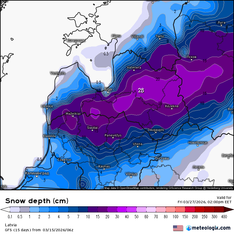 LatvianNature's tweet photo. Lielākais murgs, kas pavasarī mēdz prognozēs parādīties ir ziemas atgriešanās. Pašreizējās GFS prognozes paredz Latvijā marta beigās aukstuma vilni ar -15 grādu salu (30.martā) un 28 cm biezu sniega segu. (27.martā).

⚠️ Prognozes ticamība 26.-31.martam pagaidām ir ļoti zema tomēr aukstuma viļņis prognozēs parādās jau bieži.

#aukstumavilnis #ziema #pavasaris #sniegs #aukstums #laikapstākļi