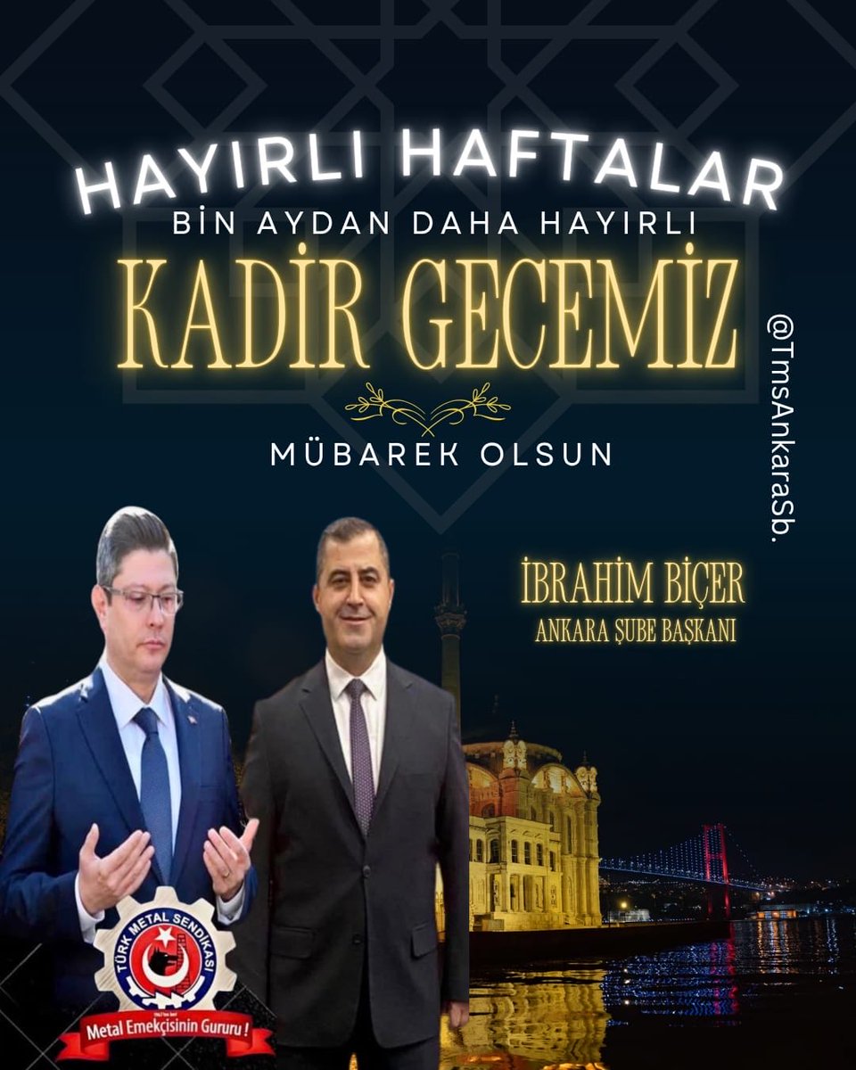 Kardeşliğin daimi olduğunu, sevgilerin birleştiğini ,duaların kabul olduğunu ve bin aydan daha hayırlı olduğunu bildiğimiz #KadirGecemiz Mübarek Olsun. Birlik, Beraberlik,Sevgi, Sağlık ve Barış Dileğiyle. 
#KadirGecemizMübarekOlsun
#HayırlıHaftalar
#TmsAnkaraSb
